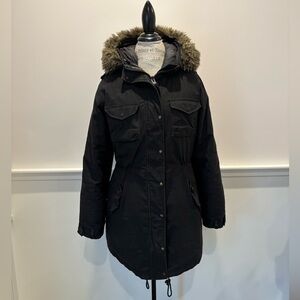 Women's Artizia Community Label Black Parka Coat with Faux Fur Hood